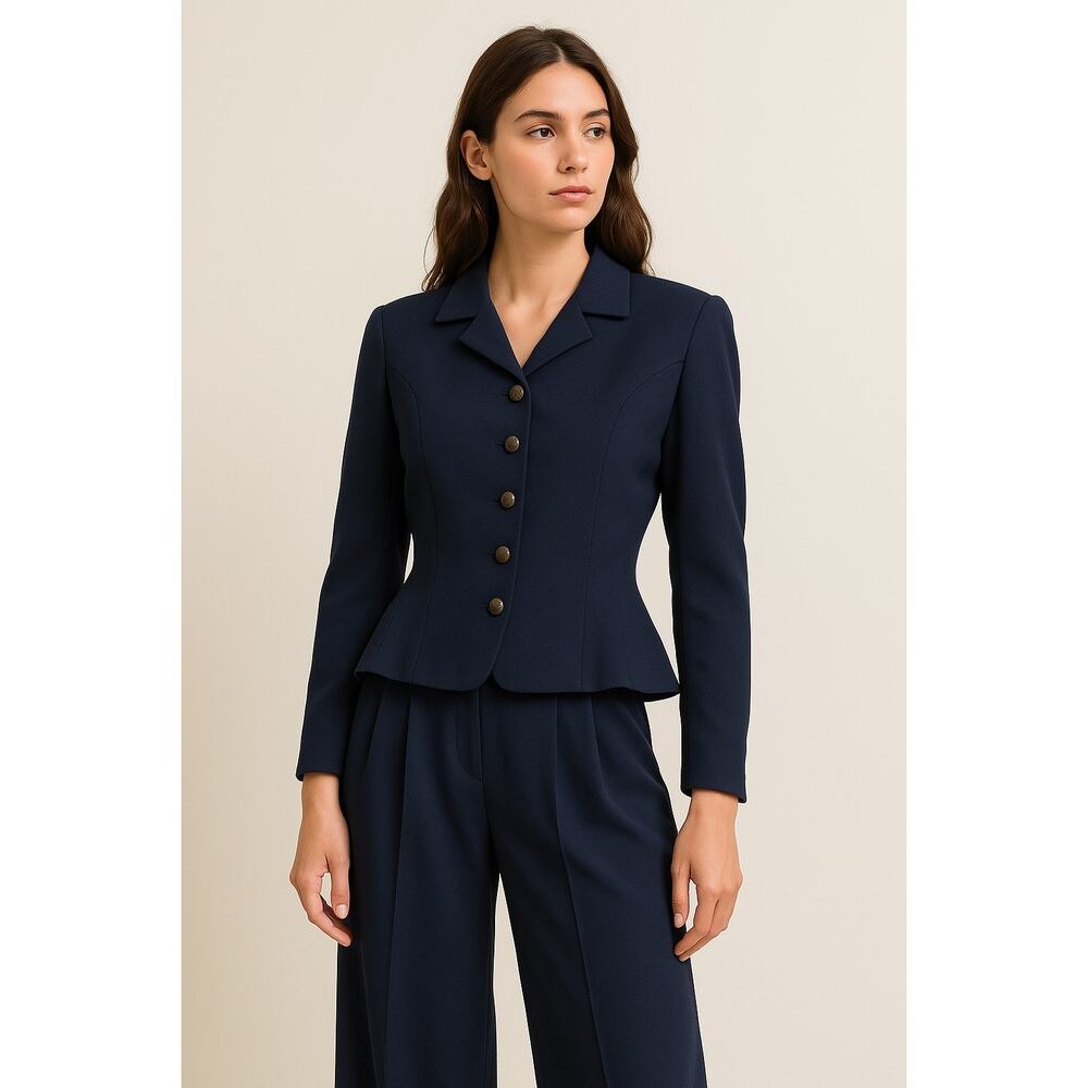 Vintage Joseph Magnin Monarch NY Navy Blue Peplum Fitted Blazer Jacket Large